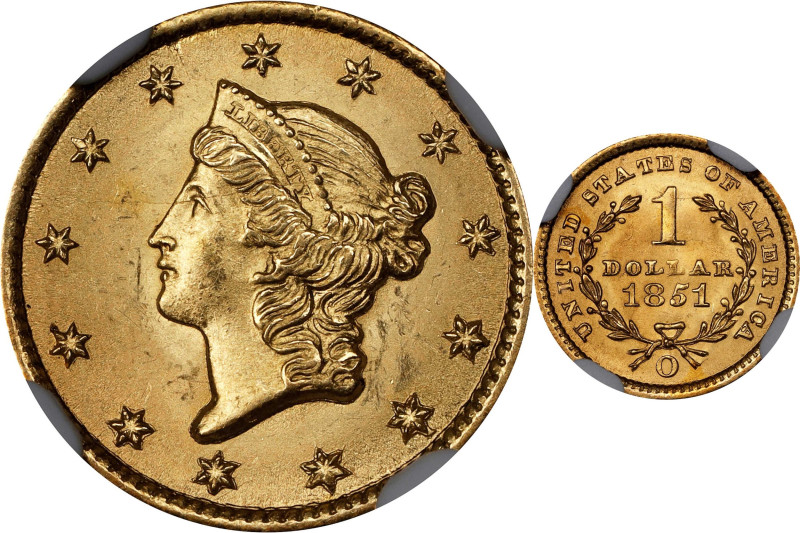 1851-O Gold Dollar. Winter-2. MS-65 (NGC).

Satiny surfaces are dressed in pre...