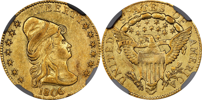 1806/5 Capped Bust Left Quarter Eagle. BD-2. Rarity-5+. Stars 7x6. AU-58 (NGC). ...