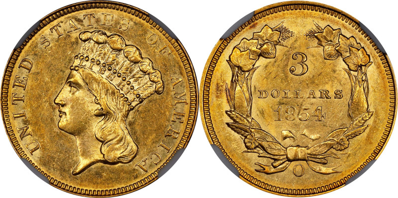 1854-O Three-Dollar Gold Piece. Winter-2. MS-61+ (NGC).

This is an important ...