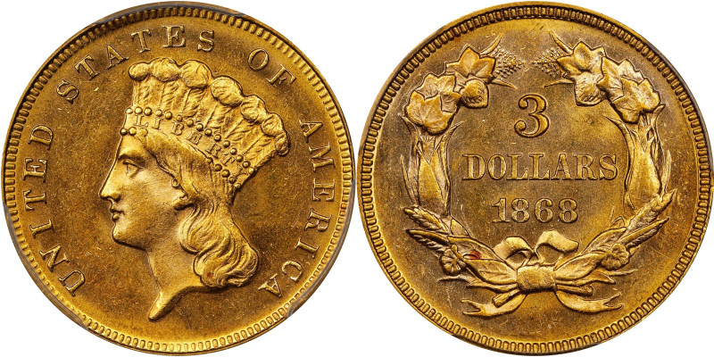 1868 Three-Dollar Gold Piece. MS-64 (PCGS). CAC. CMQ-X.

Delightful golden-apr...