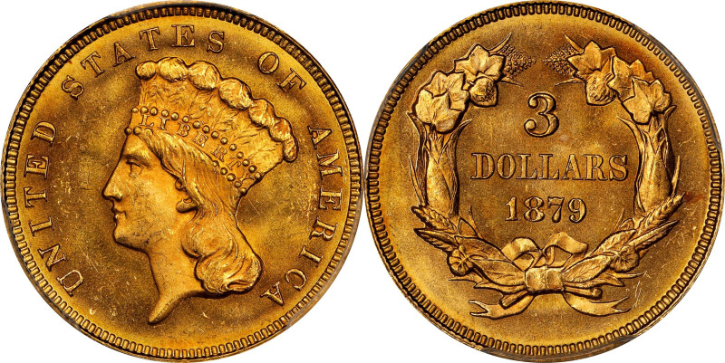 1879 Three-Dollar Gold Piece. MS-65 (PCGS). CMQ.

Delightful golden-orange sur...