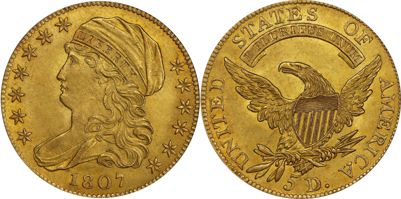 1807 Capped Bust Left Half Eagle. BD-8. Rarity-2. MS-62 (PCGS).

Sharply struc...