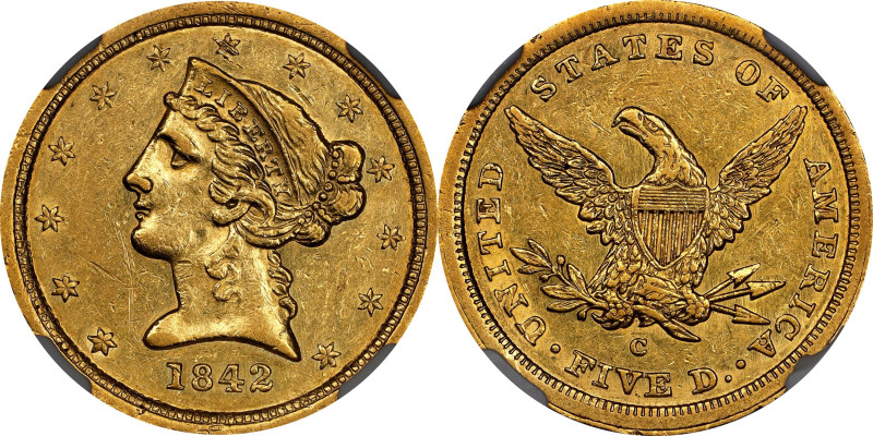 1842-C Liberty Head Half Eagle. Small Date. Winter-1, the only known dies. AU-58...