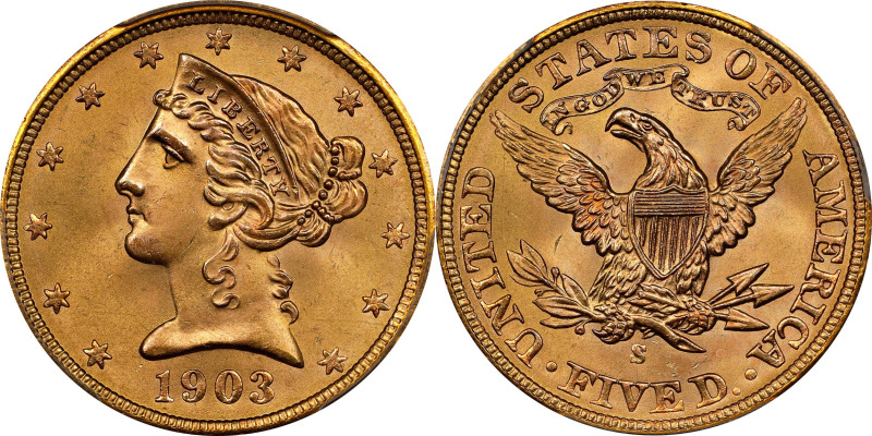 1903-S Liberty Head Half Eagle. MS-66+ (PCGS). CAC.

This beautiful half eagle...