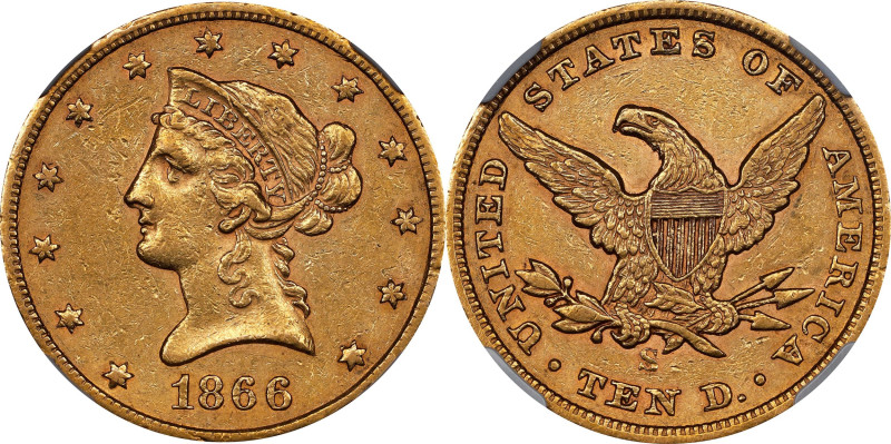 1866-S Liberty Head Eagle. No Motto. AU-53 (NGC).

This is a honey-rose coin w...