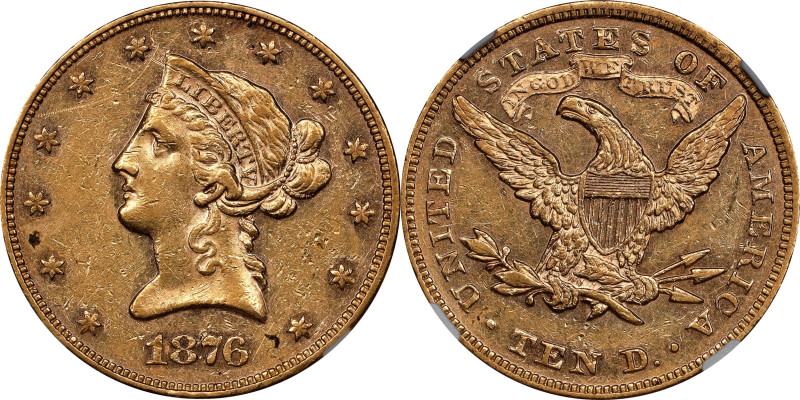 1876 Liberty Head Eagle. AU-55 (NGC). CMQ.

Offered is a noteworthy example of...