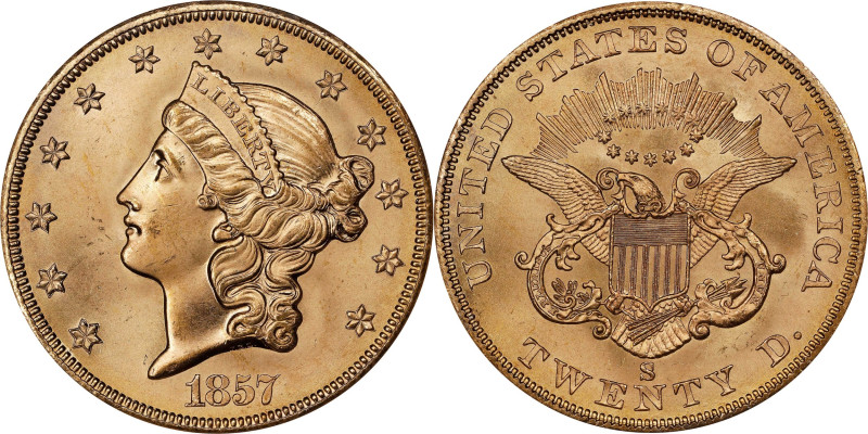 1857-S Liberty Head Double Eagle. MS-66 (NGC).

The eye appeal of this $20 tre...