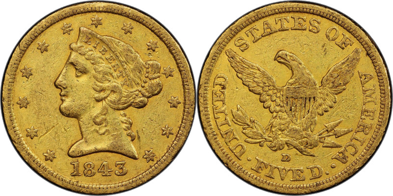 1843-D Liberty Head Half Eagle. Winter 9-F. Small D. EF-40 (PCGS).

The 1843 S...