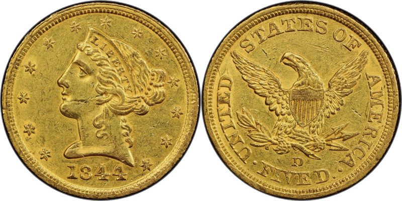 1844-D Liberty Head Half Eagle. Winter 11-G. AU-55 (PCGS).

This gorgeous exam...