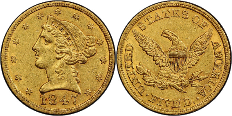 1847 Liberty Head Half Eagle. Breen-6570. Repunched Date. AU-55 (PCGS). CAC.

...