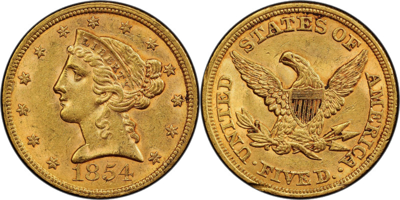 1854 Liberty Head Half Eagle. AU-58 (PCGS).

Blended pinkish-honey color and s...