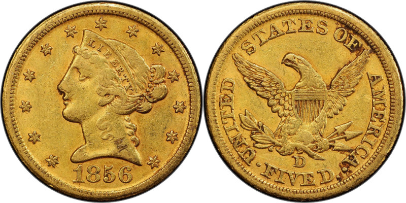 1856-D Liberty Head Half Eagle. Winter 39-FF. AU-53 (PCGS).

The elusive 1856-...