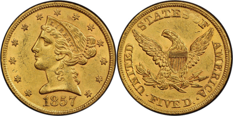 1857 Liberty Head Half Eagle. MS-62 (PCGS). CAC.

Fully struck with thick sati...