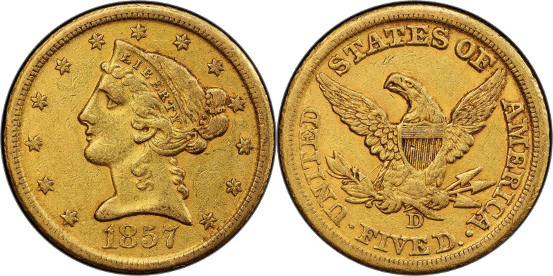 1857-D Liberty Head Half Eagle. Winter 41-HH. AU-53 (PCGS).

This attractive e...