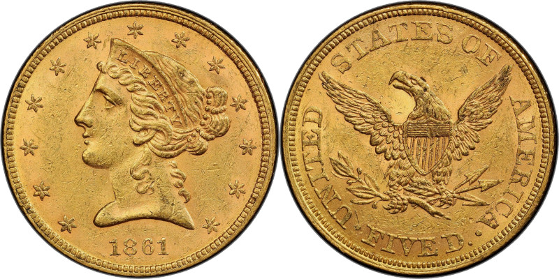 1861 Liberty Head Half Eagle. MS-61 (PCGS).

A perennially popular type issue,...