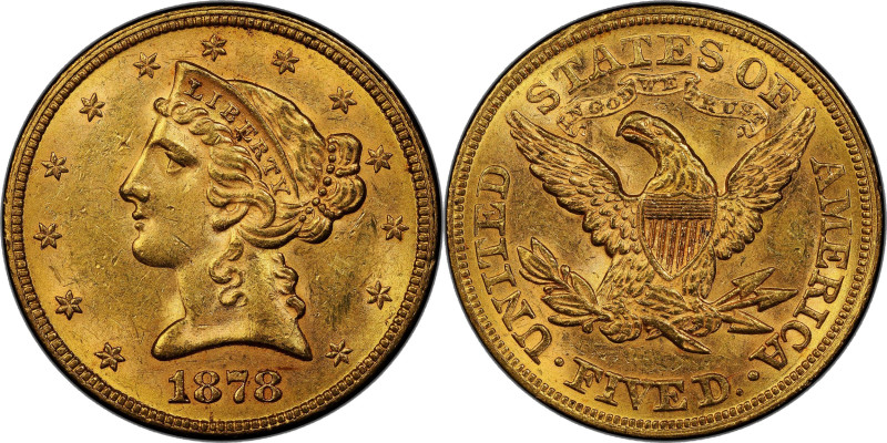 1878 Liberty Head Half Eagle. MS-62+ (PCGS).

A frosty to modestly semi-proofl...