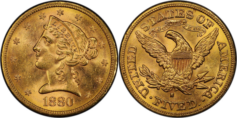 1880-S Liberty Head Half Eagle. MS-64 (PCGS).

Exceptionally smooth and well p...