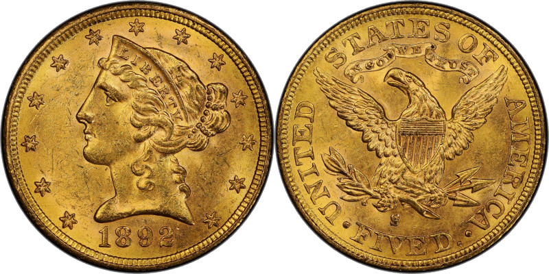 1892-S Liberty Head Half Eagle. MS-63+ (PCGS). CAC.

Faintly semi-prooflike fi...