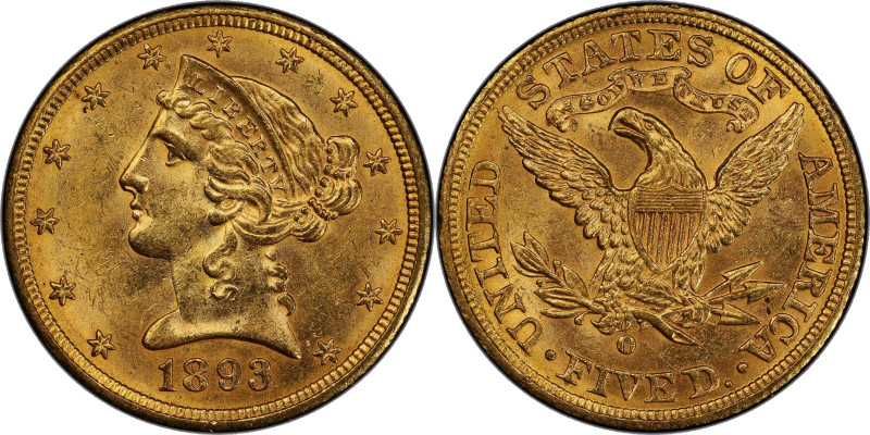 1893-O Liberty Head Half Eagle. Winter-1. MS-63+ (PCGS).

A delightful half ea...