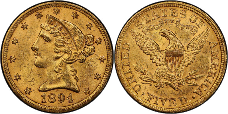 1894 Liberty Head Half Eagle. MS-63+ (PCGS).

Exquisite sunset-gold surfaces a...