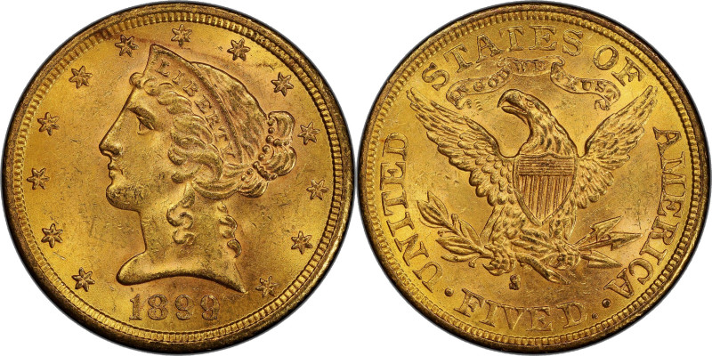 1899-S Liberty Head Half Eagle. MS-63+ (PCGS).

Lustrous with a satin to softl...