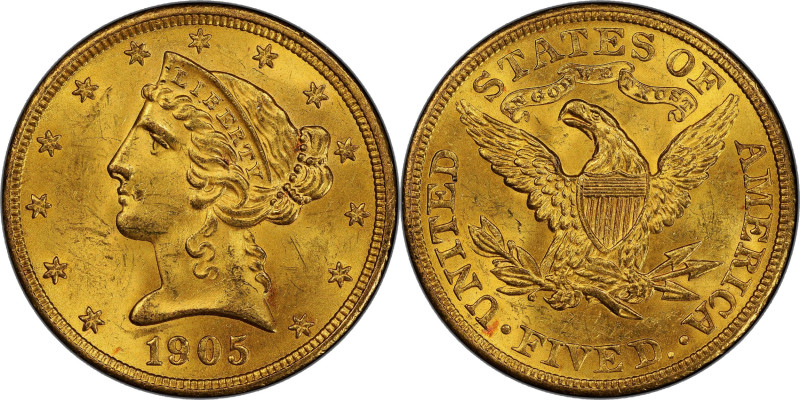 1905 Liberty Head Half Eagle. MS-64+ (PCGS). CAC.

Beautiful orange-gold surfa...