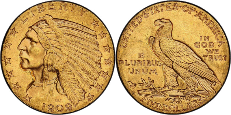 1909-D Indian Half Eagle. MS-64 (PCGS).

Lustrous golden-apricot surfaces are ...