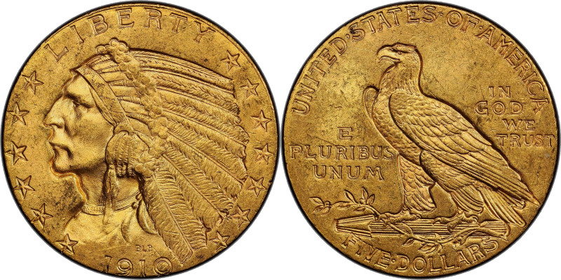 1910 Indian Half Eagle. MS-64 (PCGS).

Bountiful mint luster blends with vivid...