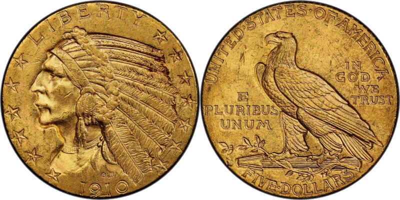 1910-D Indian Half Eagle. MS-63 (PCGS).

Fully lustrous honey-orange surfaces ...