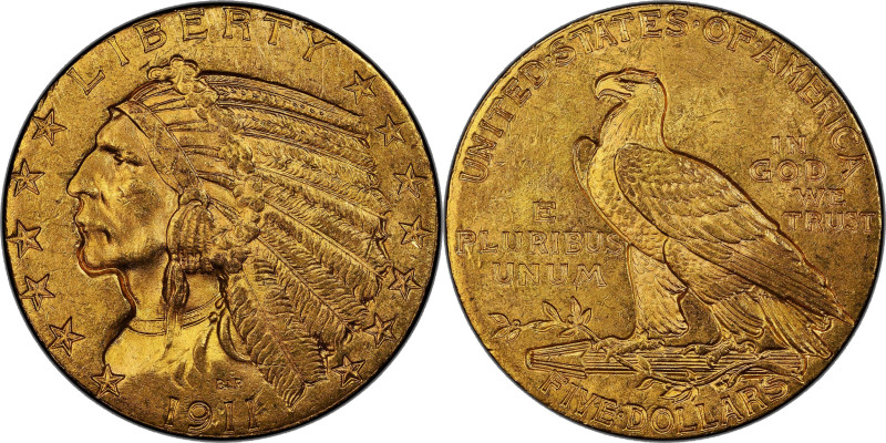 1911 Indian Half Eagle. MS-64+ (PCGS).

Lovely honey-orange color with a tinge...