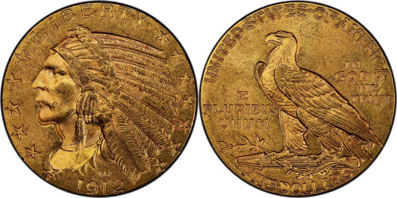 1912 Indian Half Eagle. MS-64+ (PCGS).

Blended deep honey-olive and brighter ...