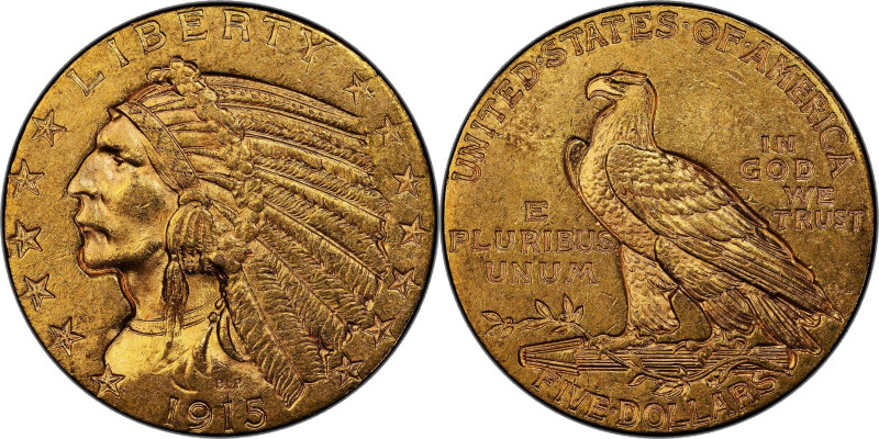 1915 Indian Half Eagle. MS-64+ (PCGS).

Delightful frosty surfaces are sharply...