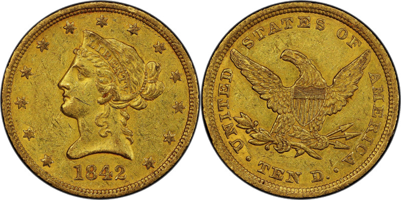 1842 Liberty Head Eagle. Large Date, Crosslet 4. EF-45 (PCGS).

Appealing oliv...