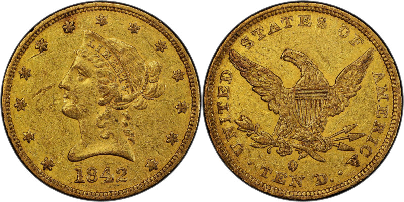 1842-O Liberty Head Eagle. Winter-2. EF-45 (PCGS).

Light, even honey-gold col...