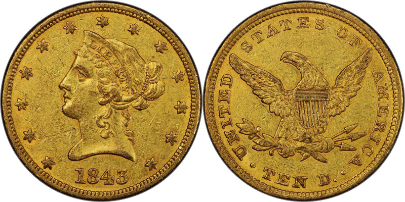 1843 Liberty Head Eagle. AU-50 (PCGS). CAC.

At the lower reaches of AU preser...