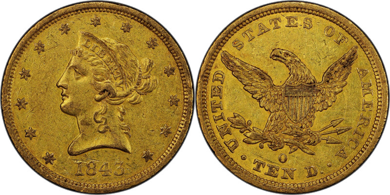 1843-O Liberty Head Eagle. Winter-2. AU-53 (PCGS).

Among the finest 1843-O ea...