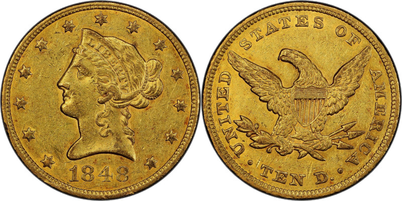 1848 Liberty Head Eagle. AU-53+ (PCGS).

Delightful honey-orange and deep apri...