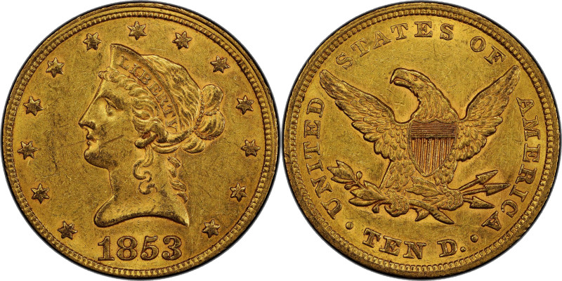 1853/'2' Liberty Head Eagle. Breen-6905. AU-55 (PCGS).

Attractive honey-apric...