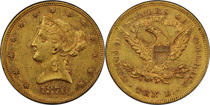 1870 Liberty Head Eagle. AU-53 (PCGS).

Beautiful honey-gold and deep rose-ora...