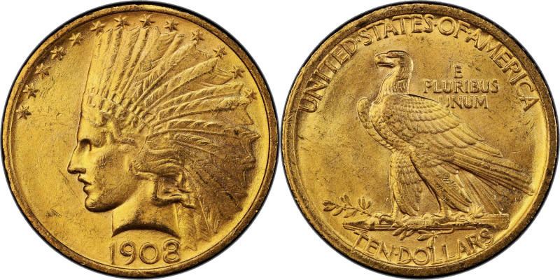 1908 Indian Eagle. No Motto. MS-63+ (PCGS).

Beautiful medium gold surfaces re...