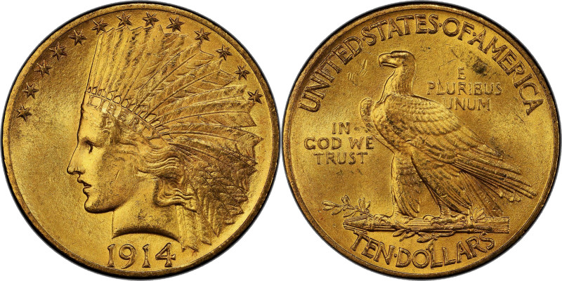 1914 Indian Eagle. MS-64 (PCGS).

This frosty, sharply struck, medium orange-g...