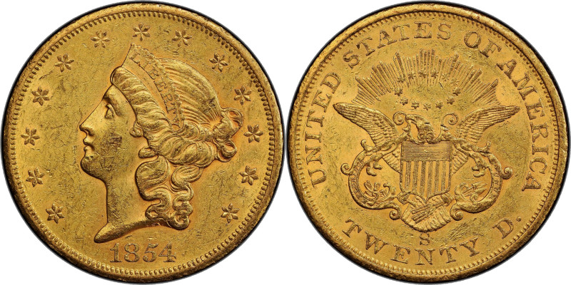 1854-S Liberty Head Double Eagle. AU-58 (PCGS).

A wonderfully original, remar...