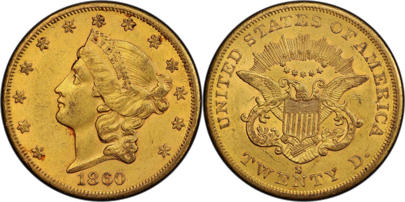 1860-S Liberty Head Double Eagle. AU-58 (PCGS).

Richly colored surfaces are u...