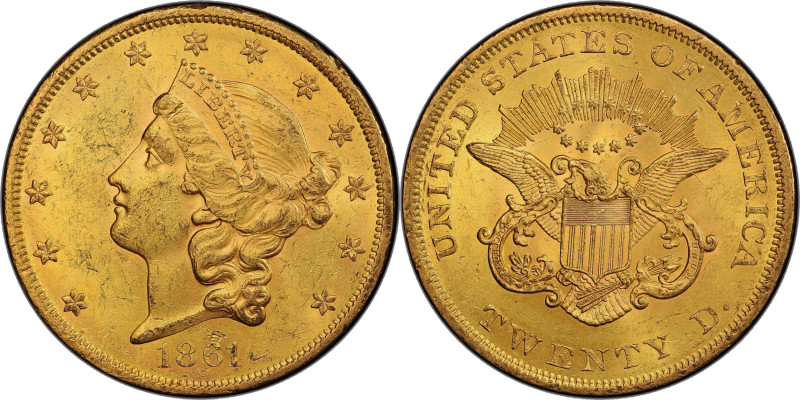 1861 Liberty Head Double Eagle. MS-62 (PCGS).

This lovely double eagle is sma...