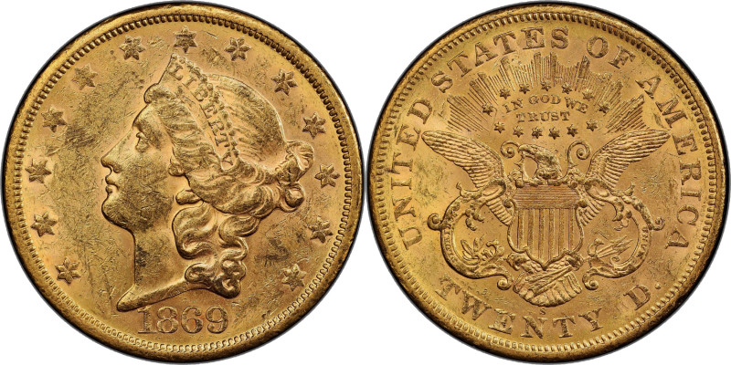 1869-S Liberty Head Double Eagle. AU-58 (PCGS).

A lustrous, frosty-textured c...