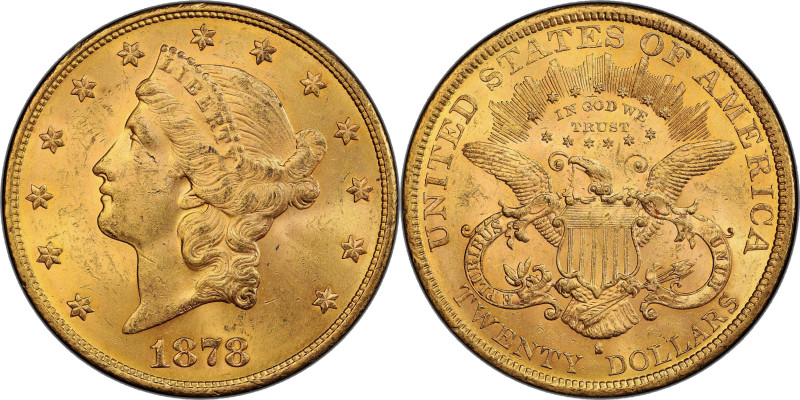 1878-S Liberty Head Double Eagle. MS-62 (PCGS).

Frosty apricot-gold surfaces ...