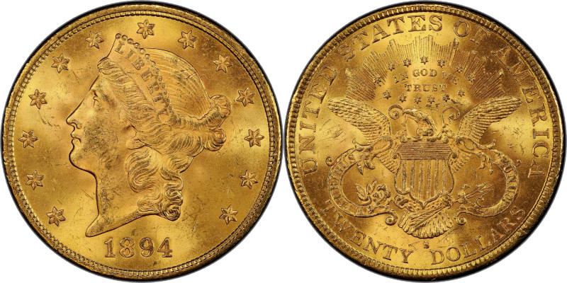 1894-S Liberty Head Double Eagle. MS-64+ (PCGS). CAC.

A lustrous and satiny e...