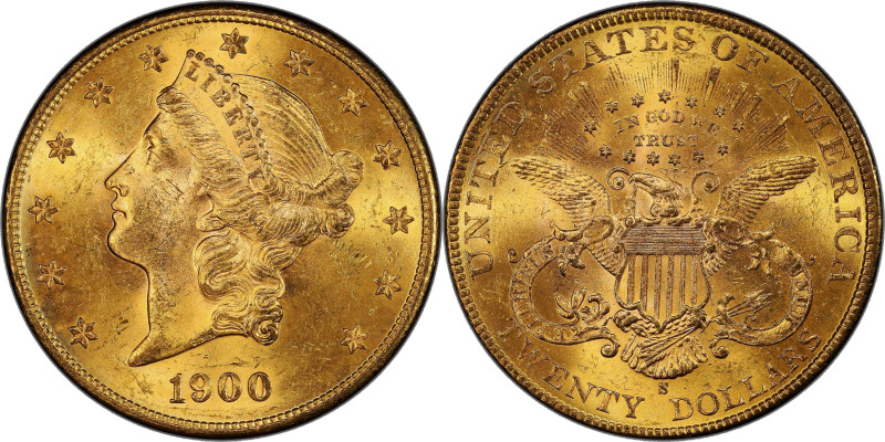 1900-S Liberty Head Double Eagle. MS-63+ (PCGS).

Vivid deep golden-apricot co...