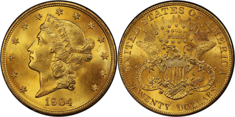 1904 Liberty Head Double Eagle. MS-65 (PCGS).

A frosty golden-wheat example w...