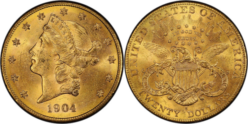 1904-S Liberty Head Double Eagle. MS-64+ (PCGS).

A beautiful near-Gem that ra...